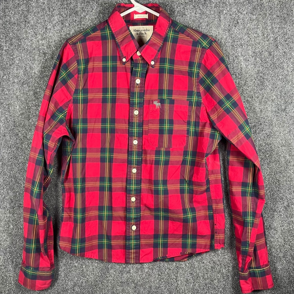 Abercrombie & Fitch Button Down Shirt Mens L Red Plaid Muscle Fit Long Sleeve - Picture 3 of 8
